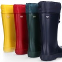 School rain boot shoes with adjustable neck.