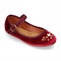 Stylized velvet canvas little Mary Jane shoes with buckle fastening and CRYSTALS design.