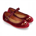 Stylized velvet canvas little Mary Jane shoes with buckle fastening and CRYSTALS design.