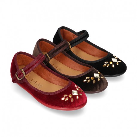 Stylized velvet canvas little Mary Jane shoes with buckle fastening and CRYSTALS design.