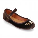 Stylized velvet canvas little Mary Jane shoes with buckle fastening and CRYSTALS design.