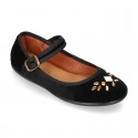Stylized velvet canvas little Mary Jane shoes with buckle fastening and CRYSTALS design.