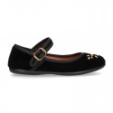 Stylized velvet canvas little Mary Jane shoes with buckle fastening and CRYSTALS design.