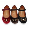 Stylized velvet canvas little Mary Jane shoes with buckle fastening and CRYSTALS design.