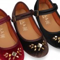 Stylized velvet canvas little Mary Jane shoes with buckle fastening and CRYSTALS design.