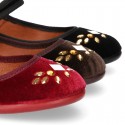 Stylized velvet canvas little Mary Jane shoes with buckle fastening and CRYSTALS design.