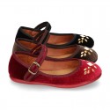 Stylized velvet canvas little Mary Jane shoes with buckle fastening and CRYSTALS design.