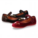 Stylized velvet canvas little Mary Jane shoes with buckle fastening and CRYSTALS design.