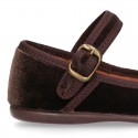 Stylized velvet canvas little Mary Jane shoes with buckle fastening and CRYSTALS design.