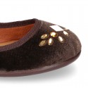 Stylized velvet canvas little Mary Jane shoes with buckle fastening and CRYSTALS design.