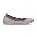 SHINY Suede leather ballet flat shoes with elastic band and perforated design.