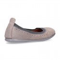 SHINY Suede leather ballet flat shoes with elastic band and perforated design.