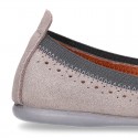 SHINY Suede leather ballet flat shoes with elastic band and perforated design.