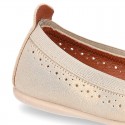 SHINY Suede leather ballet flat shoes with elastic band and perforated design.