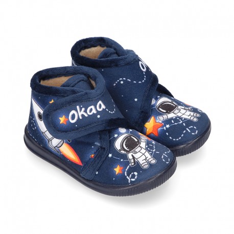 Little kids SPACE ROCKETS design wool cotton home bootie shoes laceless.