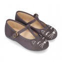 Autumn winter CAT design canvas T-strap little Mary Jane shoes.