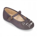 Autumn winter CAT design canvas T-strap little Mary Jane shoes.