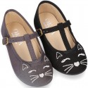 Autumn winter CAT design canvas T-strap little Mary Jane shoes.