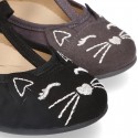 Autumn winter CAT design canvas T-strap little Mary Jane shoes.