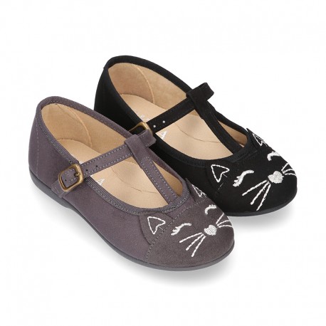 Autumn winter CAT design canvas T-strap little Mary Jane shoes.