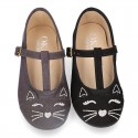 Autumn winter CAT design canvas T-strap little Mary Jane shoes.