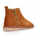 Suede leather kids ankle boot shoes with golden elastic band and zipper closure.