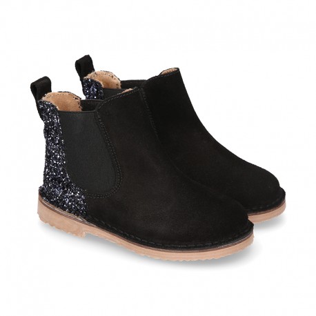 Black Suede leather kids ankle boots with GLITTER counter.