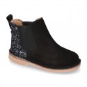 Black Suede leather kids ankle boots with GLITTER counter.