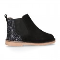 Black Suede leather kids ankle boots with GLITTER counter.
