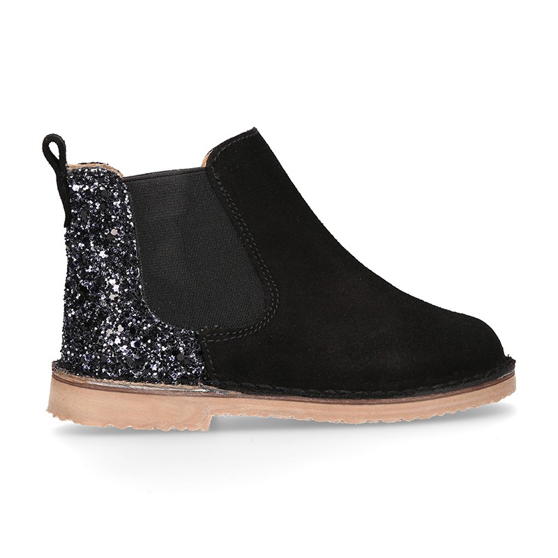 Black Suede leather kids ankle boots with GLITTER counter. D268 | OkaaSpain