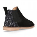 Black Suede leather kids ankle boots with GLITTER counter.