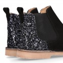 Black Suede leather kids ankle boots with GLITTER counter.