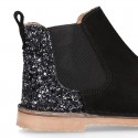 Black Suede leather kids ankle boots with GLITTER counter.