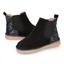 Black Suede leather kids ankle boots with GLITTER counter.