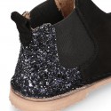 Black Suede leather kids ankle boots with GLITTER counter.