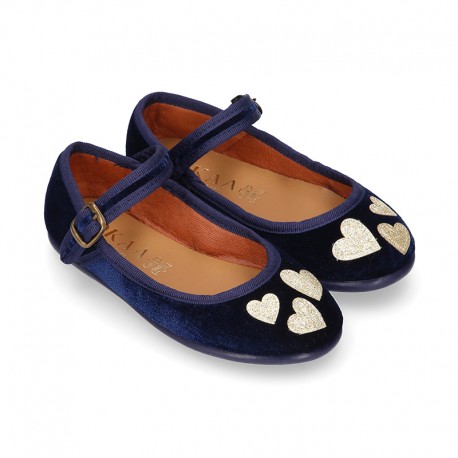 Stylized velvet canvas little Mary Jane shoes with GOLDEN HEARTS design.