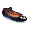 Stylized velvet canvas little Mary Jane shoes with GOLDEN HEARTS design.