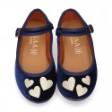 Stylized velvet canvas little Mary Jane shoes with GOLDEN HEARTS design.