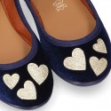 Stylized velvet canvas little Mary Jane shoes with GOLDEN HEARTS design.