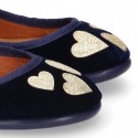 Stylized velvet canvas little Mary Jane shoes with GOLDEN HEARTS design.