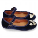 Stylized velvet canvas little Mary Jane shoes with GOLDEN HEARTS design.