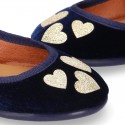 Stylized velvet canvas little Mary Jane shoes with GOLDEN HEARTS design.