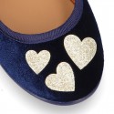 Stylized velvet canvas little Mary Jane shoes with GOLDEN HEARTS design.