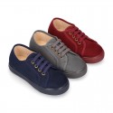 Autumn winter canvas OKAA kids tennis shoes to dress with shoelaces closure.