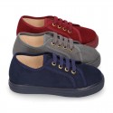 Autumn winter canvas OKAA kids tennis shoes to dress with shoelaces closure.