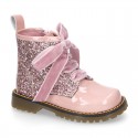 ROCK style patent leather kids boots with GLITTER and velvet ties closure.