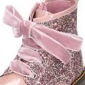 ROCK style patent leather kids boots with GLITTER and velvet ties closure.