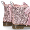 ROCK style patent leather kids boots with GLITTER and velvet ties closure.