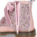 ROCK style patent leather kids boots with GLITTER and velvet ties closure.