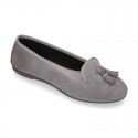 Ballet flat shoes with TASSELS in suede leather.